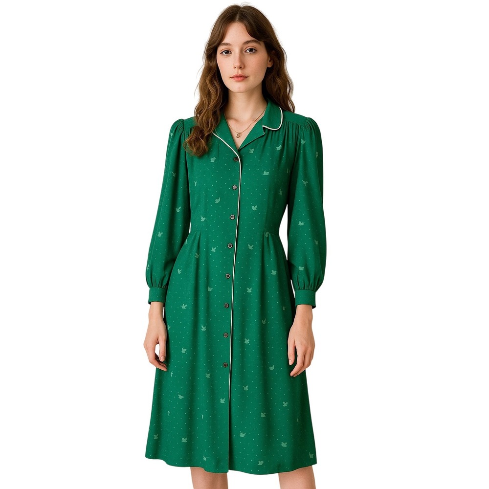 SAKS FIFTH AVENUE Francesca Damon VTG Silk Kelly Green Floral Print Midi Dress 6